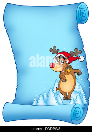 Blaue Pergament mit Weihnachten Rentier - farbigen Illustration. Stockfoto