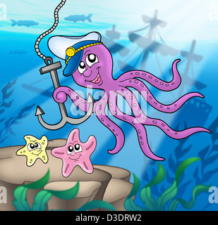 Tintenfisch mit Anker und Seesterne - farbigen Illustration. Stockfoto