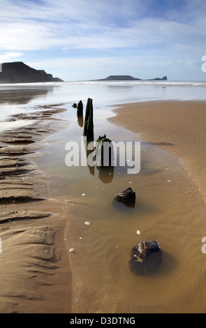 Das Wrack der Helvetia, Rhossili Strand, Gower Halbinsel, Südwesten von Wales. Stockfoto