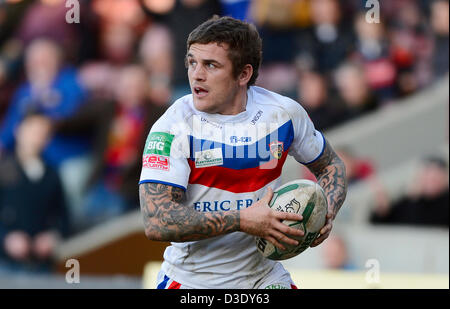 17.02.2013 London, England.  Ben Cockayne Wakfield Wildcats Punkten während des engagieren Super-League-Spiels zwischen London Broncos und Wakefield Trinity Wildcats aus der Stoop. Stockfoto