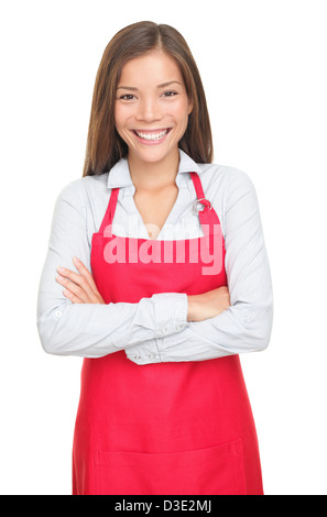 Porträt von happy schön isoliert Mischlinge weibliche Verkäuferin oder kleine Ladenbesitzer mit verschränkten Armen auf weißem Hintergrund Stockfoto