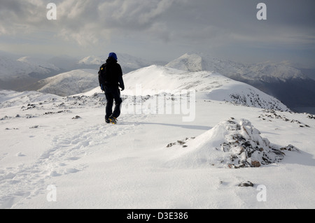 Winter-Bergwandern in Schottland. Männliche Walker auf dem Gipfel des Sgorr Nam Fiannaidh in Glencoe Stockfoto