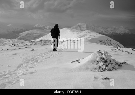 Einsamer Wanderer auf dem Gipfel des Sgorr Nam Fiannaidh, Glencoe, Schottisches Hochland, Schottland Stockfoto