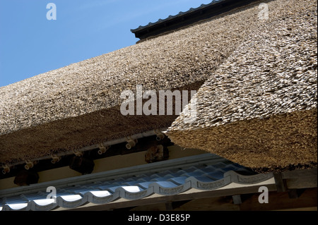 Close-up Architekturdetail von traditionellen japanischen Warabuki oder Kayabuki natürlichen Strohdach Bauweise der Bauernhäuser. Stockfoto