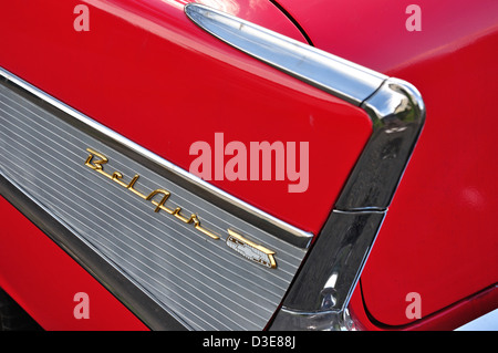 Flügel-Detail des klassischen 1957 Chevrolet Bel Air Limousine, Stanwell Moor, Borough of Spelthorne, Surrey, England, Vereinigtes Königreich Stockfoto