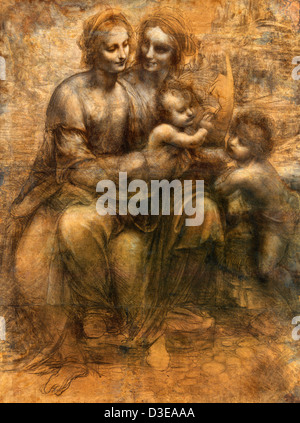 Leonardo da Vinci, die Jungfrau und Kind mit Str. Anne und Johannes der Täufer 1499 Kohle auf getöntem Papier. Stockfoto
