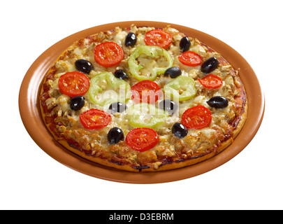 .Home Pizza mit Tomaten und Auberginen Closeup Stockfoto