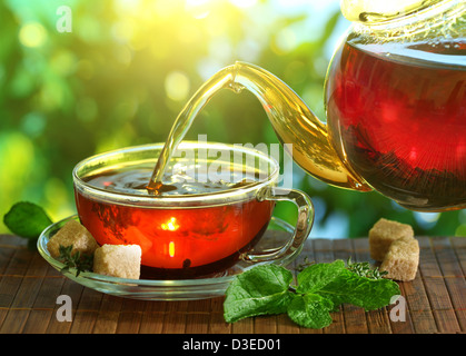 Gießen Tee aus einer Teekanne in eine Tasse auf einem unscharfen Hintergrund der Natur. Stockfoto