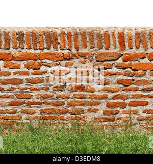 Red Brick Wand mit grünen Rasen auf Vorderseite und isoliert auf weiss auf der Oberseite. Stockfoto