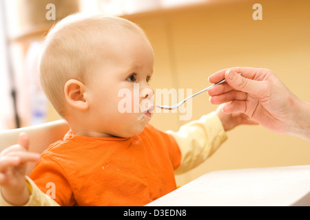 Verfahren von einem kleinen Jungen füttern Stockfoto