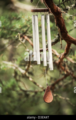 Metall Windspiel hängend Ast im Wald Stockfoto