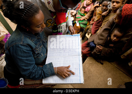 BITENA Gesundheitszentrum, WOLAYITA ZONE, Äthiopien, 20. August 2008: Mitarbeiter überprüfen Register für unterernährte Kinder. Stockfoto