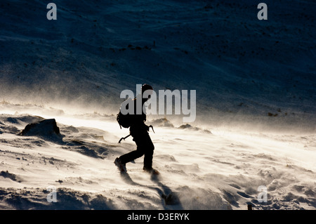 Einsamer Mann im schottischen Winter zu Fuß auf den schottischen Bergen Stockfoto