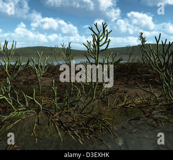 Prähistorische Landschaft Silu-Devon Landpflanzen mit verzweigten Achsen. Stockfoto