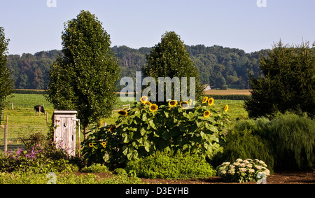 Gemüsegarten der Familie Amish mit Mini-Nebengebäude im Amish-Land Lancaster County, Pennsylvania, USA, Gartentoilette Stockfoto