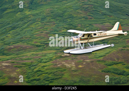 DeHavilland Beaver Wasserflugzeug fliegen über Tundra, in der Nähe von Dillingham Alaska Stockfoto