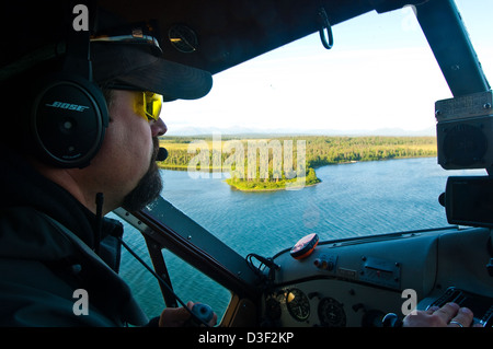 Piloten fliegen DeHavilland Beaver Wasserflugzeug über Wald und Seen in der Nähe von Dillingham Alaska Stockfoto