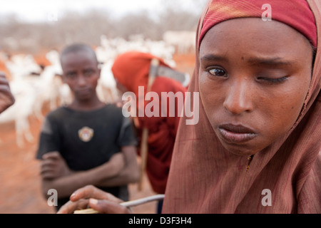 GURAH, nördlich von ELWAK Osten KENIAS, 1. September 2009: Sheperdess Harida, 15, kümmert sich um die Familie Ziegen. Stockfoto