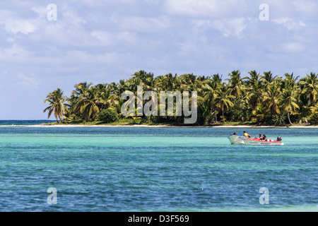 Ein Boot am karibischen Meer. Im Hintergrund sehen Sie einen wilden Strand mit Palmen. Stockfoto