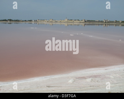 Panoramablick von der mittelalterlichen Stadt von Aigues-Mortes aus Les Salins du Midi, Aigues-Mortes, Camargue, Frankreich Stockfoto