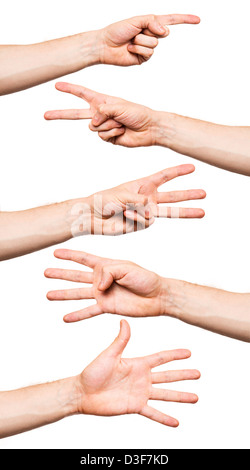 Reihe von männlichen Händen isoliert auf weißem Hintergrund Stockfoto