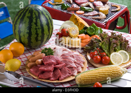 Fleisch und Gemüse auf Tisch zum Grillen Stockfoto