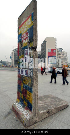 (Dpa) - ein Blick auf einen Teil der ehemaligen Berliner Mauer, die auf dem Display am Potsdamer Platz in Berlin, 4. November 2004 ist. Die Graffiti an der Spitze liest "Ein Artikelwort Stelle entwicklungspädagogische 1989 Die Erste Lücke in der Berliner Mauer" (dieser Punkt markiert die erste Lücke in der Berliner Mauer im Jahr 1989). Stockfoto