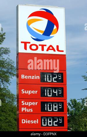 (Dpa) - das neue Logo für das Mineral oil Corporation, die insgesamt auf eine Tankstelle in Berlin, 7. Mai 2003 gesehen wird. Die TotalFinalElf Gruppe wurde umbenannt in 'TOTAL'. Stockfoto