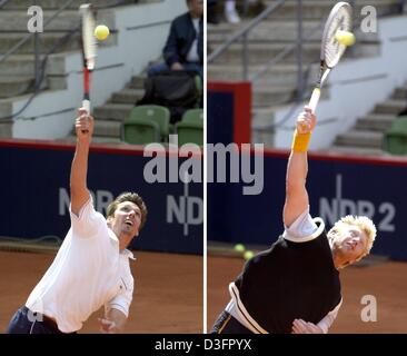 (Dpa) - zeigt eine Combo der ehemaligen deutschen Tennis-Stars Michael Stich (L) und Boris Becker (R) während des Trainings in Hamburg, 7. Mai 2003. Sie werden die legendären Davis-Cup-Match gegen die USA am 8. und 9. Mai vor 16 Jahren wiederholen. Stockfoto