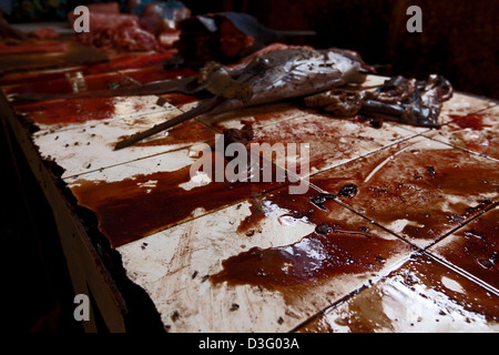 Ein ausnehmen und Reinigung Tisch gedeckt Fisch im Blut mit einem Schwertfisch Kopf liegend im Hintergrund auf dem Fischmarkt in Mogadischu Stockfoto