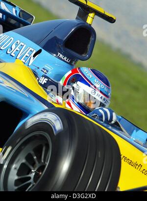 (Dpa) - italienischer Formel-1-Fahrer Jarno Trulli beendet den zweiten kostenlosen Testlauf auf der Rennstrecke im australischen Melbourne, 8. März 2003. Die Formel hat eine Saison 2003 in Melbourne am 9. März 2003 eröffnet. Stockfoto