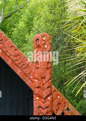 Ansicht und Details des Wharepuni (Maori Versammlungshaus) an der Rückseite des Anderson Park, Invercargill, Neuseeland Stockfoto