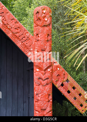 Ansicht und Details des Wharepuni (Maori Versammlungshaus) an der Rückseite des Anderson Park, Invercargill, Neuseeland Stockfoto