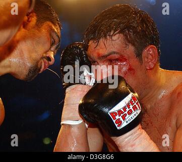 Während seines Kampfes seine Titelverteidigung gegen mexikanische Herausforderer Julio Gonzalez in Hamburg, Deutschland, 18. Oktober 2003 Blutungen (Dpa) - polnischer Boxer Dariusz Michalczewski (R). Michalczewski verloren die WBO-Titelkampf auf 1 bis 2 Punkte. Wenn Michalczewski gewonnen hätte, würde er den Rekord von legendären Boxer Rocky Marciano mit 49 Siegen in 49 Kämpfe gebunden. Stockfoto