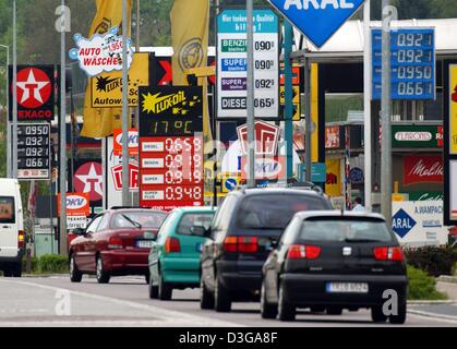 (Dpa) - ein Blick auf Füllung Stationen entlang einer Straße in der Stadt Wasserbillig nahe der deutschen Grenze, in Luxemburg, 29. April 2004. Wie Benzin durchschnittlich 25 Cent billiger als in Deutschland ist, kommen viele "Kraftstoff-Touristen" aus Deutschland, nämlich aus der Region Trier, Mosel River und der Eifel, nach Luxemburg, um ihre Autos zu füllen. Stockfoto