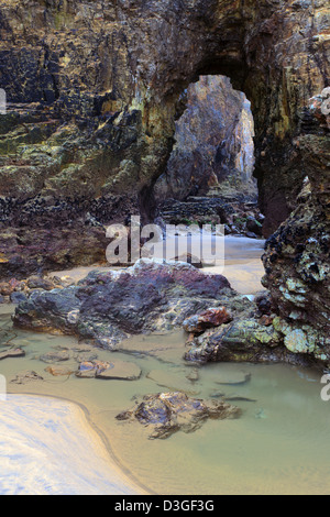 Blick durch einen Bogen in die Felswand am Perranporth in Cornwall England gebildet. Stockfoto