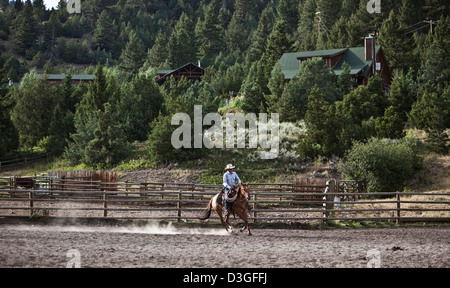 Cowboy Wrangler Reiten in Ranch, Montana USA Stockfoto