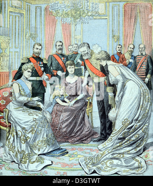 Empfang des russischen Zaren oder Kaisers Nikolaus II. Von Russland und des französischen Botschafters in Sankt Petersburg Russland (Februar 1903). Vintage oder Alte Illustration oder Gravur 1903 Stockfoto