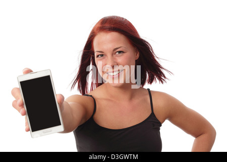 Dynamische junge Frau mit smartphone Stockfoto