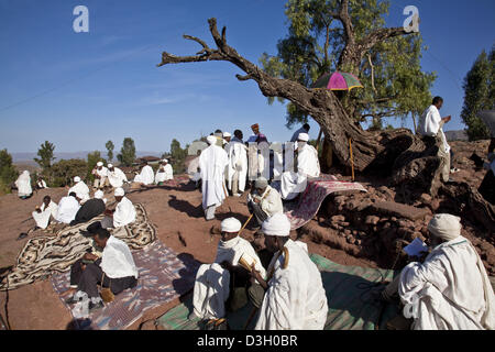 Ein Priester liest aus der Heiligen Schriften, Outdoor-Gottesdienst, Lalibela, Äthiopien Stockfoto