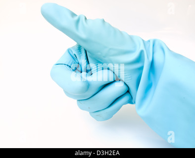 leichte blaue Handschuh Gummihand Daumen-hoch-Geste Stockfoto