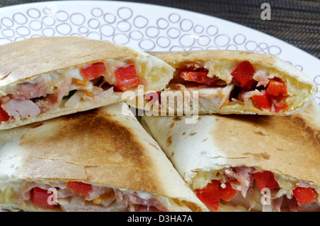 Geröstetes Tortilla-Wraps mit Huhn und Schinken gefüllt Stockfoto