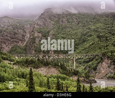 26. Juni 2012 - Denali Borough, Alaska, Vereinigte Staaten - eine Brücke über den Nenana River im Denali National Park, dem George Parks Highway entlang der Route der Alaska Railroad verbinden. (Kredit-Bild: © Arnold Drapkin/ZUMAPRESS.com) Stockfoto