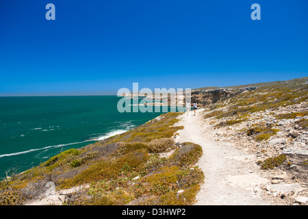 Blick auf die Küste South Australian auf der Yorke Peninsula, mit zwei Frauen am Wanderweg Stockfoto