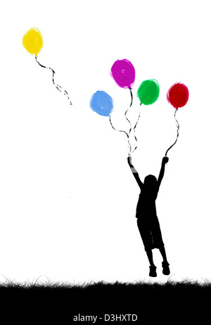 Silhouette eines kleinen Jungen mit gemalten farbigen Ballons springen. Foto-Montage-illustration Stockfoto