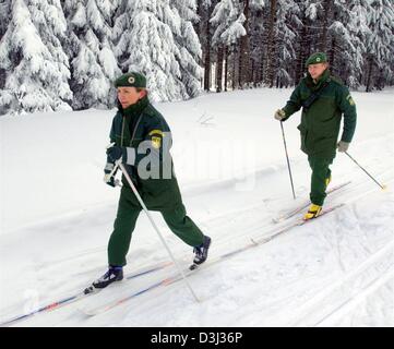 (Dpa) - Daisy Langer (L) und Dirk Bauer, Offiziere der Bundesrepublik Border Guards (BGS), ski durch eine verschneite Landschaft entlang der deutsch-tschechischen Grenze in Oberwiesenthal, Deutschland, 29. Januar 2004. 1.700 Offiziere bewachen einen 305 Kilometer langen Abschnitt der Grenze. Illegalen Eingang über die Grenze nach Deutschland stellt nach wie vor ein Problem dar. Stockfoto