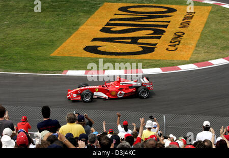 Das Bild zeigt deutsche Formel1 Rennfahrer Michael Schumacher Ferrari in Aktion während des ersten Trainings an der kanadischen Rennstrecke Gilles Villeneuve in Montreal, Kanada, Freitag, 10. Juni 2005. F1 Grand Prix von Kanada startet am Sonntag, 12. Juni 2005 in Montreal. Stockfoto
