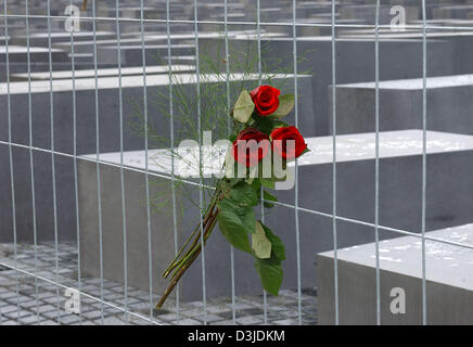 (Dpa) - drei rote Rosen hängen angeschlossen an einen Zaun um das Holocaust-Mahnmal in Berlin, 10. Mai 2005. Das Denkmal, das an die ermordeten europäischen Juden erinnert, besteht aus 2.700 Betonsäulen und war heute Dienstag, 10. Mai 2005, nach zweijähriger Bauzeit eingeweiht. Stockfoto