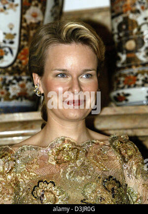 (Dpa) - lächelt Kronprinzessin Mathilde von Belgien vor ein Abendessen für den griechischen Präsidenten Schloss Laeken bei Brüssel, Belgien, 1. Februar 2005. Stockfoto