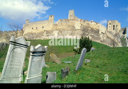 Alte verlassene jüdische Grabsteine in der Nähe von den Ruinen der Burg Beckov, Slowakei. Stockfoto
